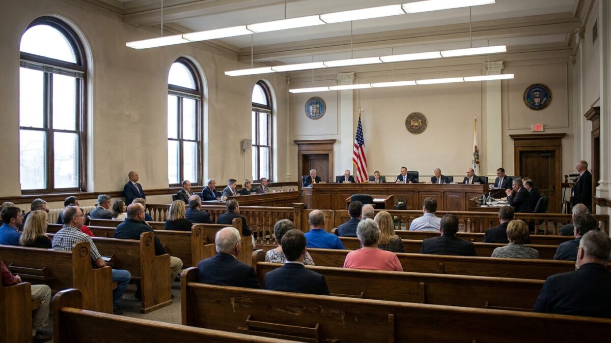 Interior view of a town board meeting room with seating area and official desks
