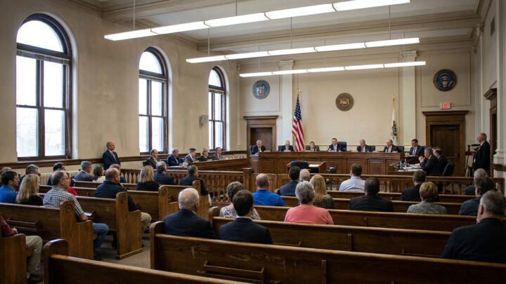 Interior view of a town board meeting room with seating area and official desks