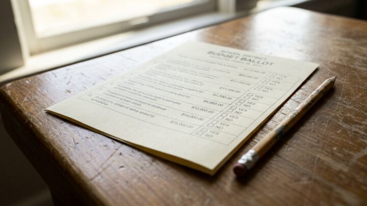 School district budget ballot with printed numbers and voting options on a table