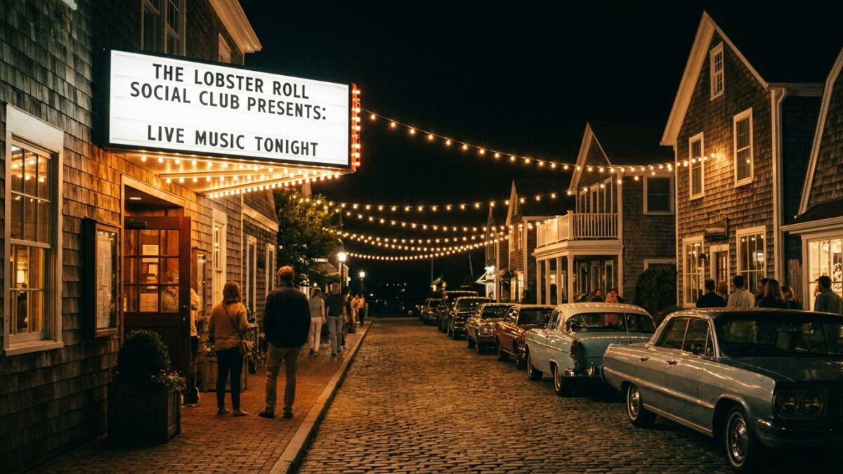 A small music venue entrance illuminated at night in an East End village setting