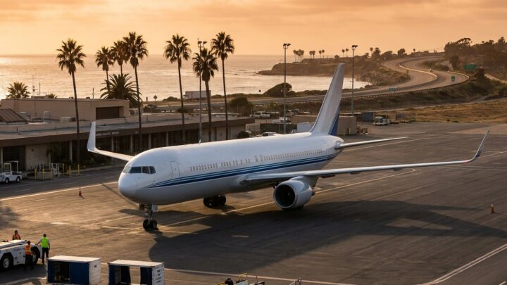 Commercial aircraft at regional airport terminal with coastal scenery