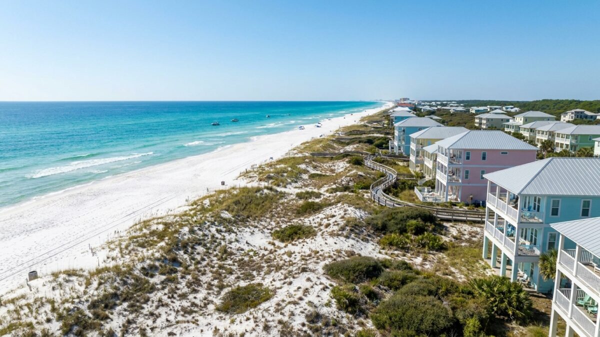 Aerial view of white sand beaches and emerald waters along Florida's 30A coastal corridor