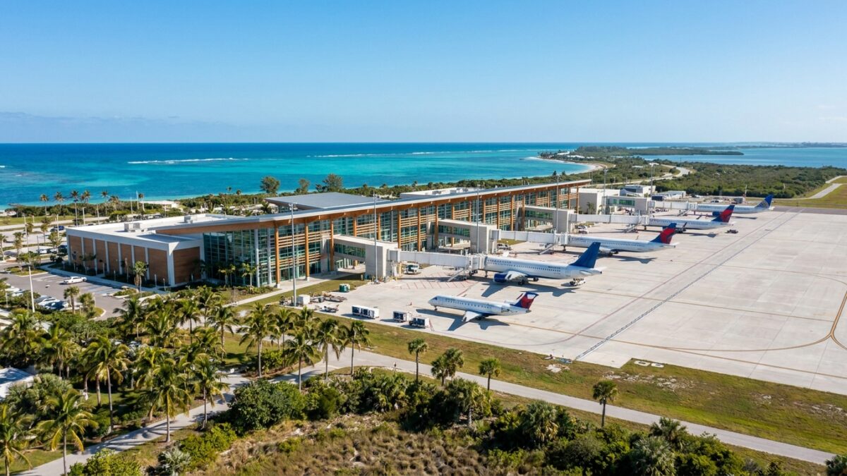 Regional airport terminal with aircraft and coastal Florida landscape