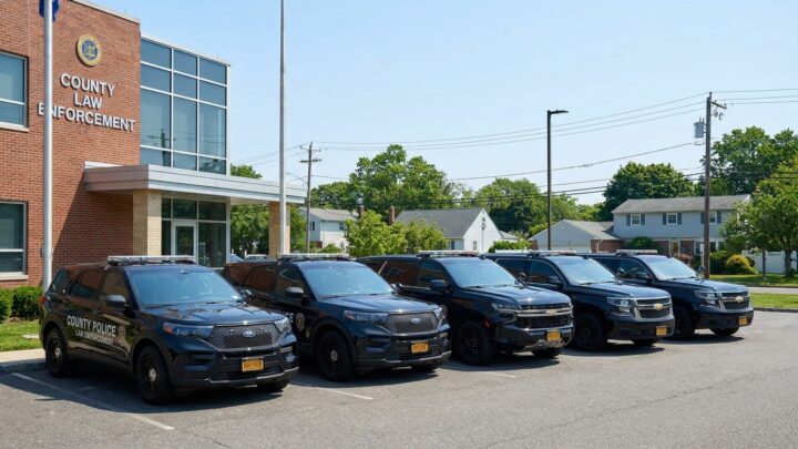 Suffolk County police patrol vehicles lined up at law enforcement facility