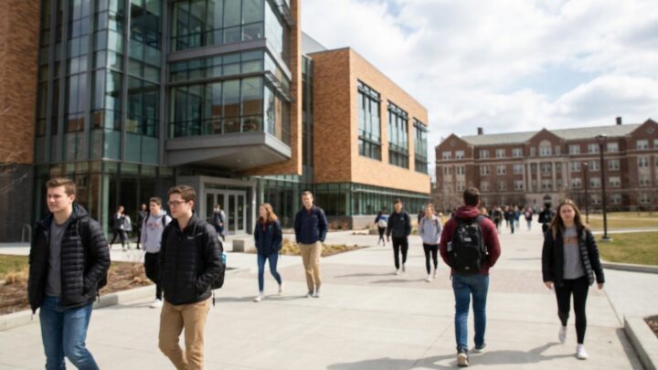 Penn State University campus building with students walking near academic facilities