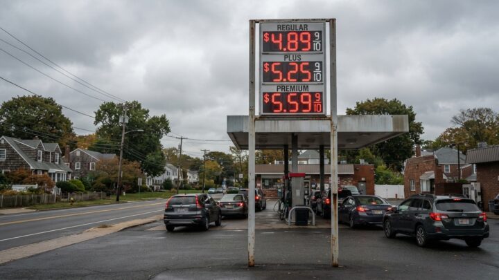 Gas station price sign showing elevated fuel prices at Long Island suburban service station