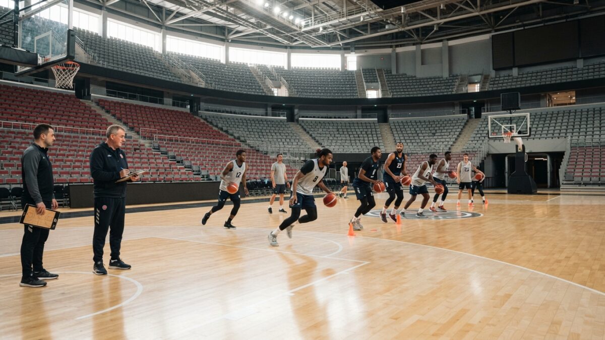 Basketball players participating in professional tryouts on indoor court with coaches evaluating
