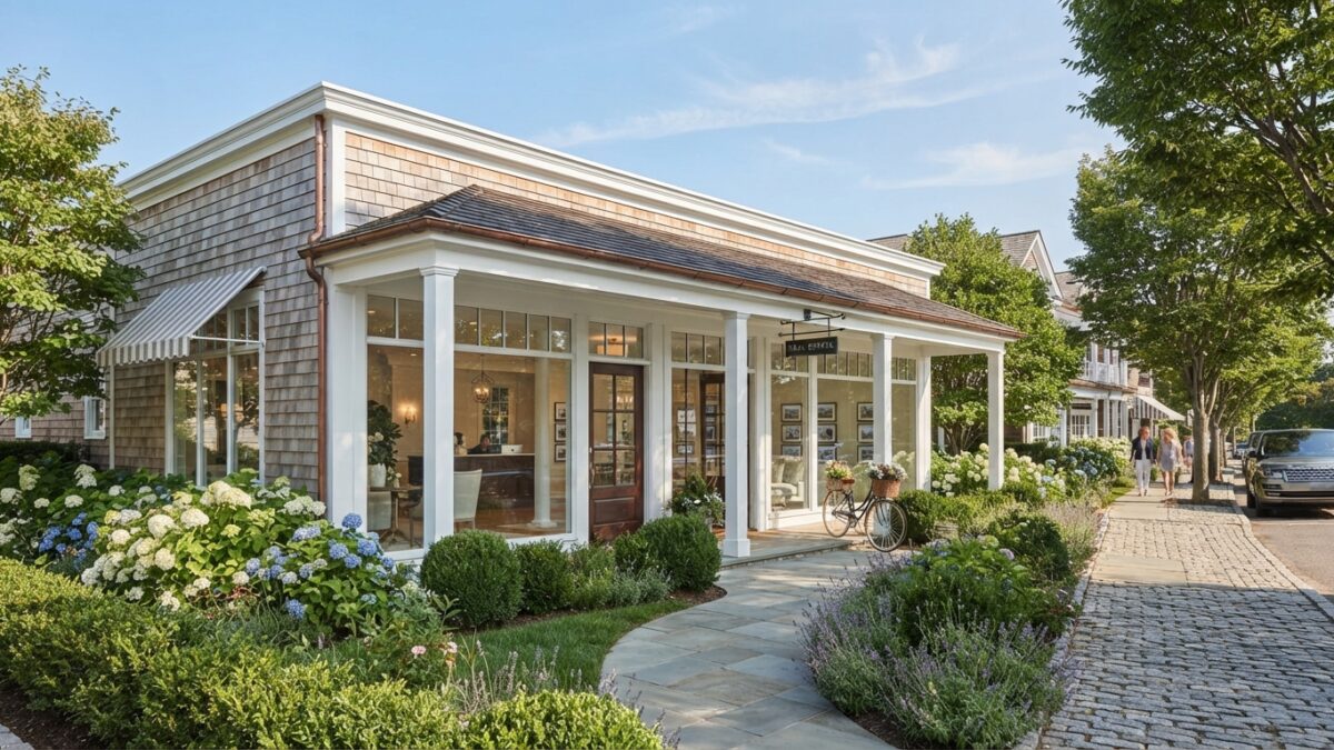 Upscale real estate office exterior in the Hamptons with modern architecture and professional appearance