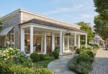 Upscale real estate office exterior in the Hamptons with modern architecture and professional appearance