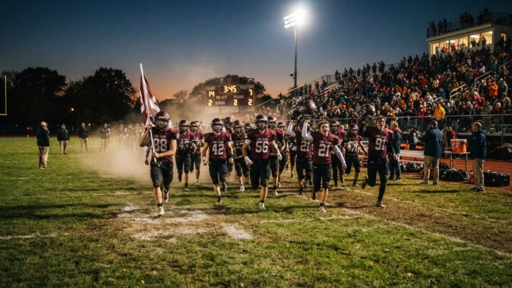 High school football team taking the field for evening game under stadium lights