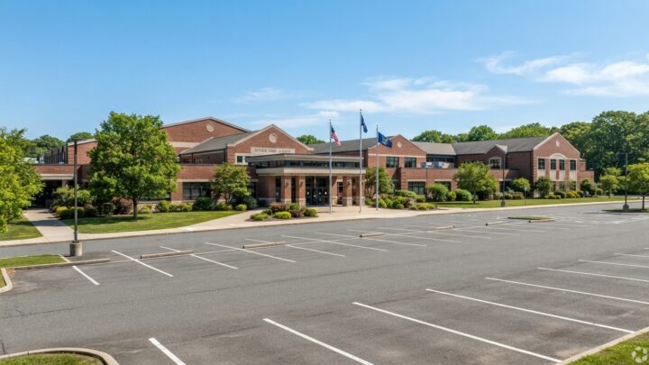 Long Island high school building exterior showing main entrance and campus grounds