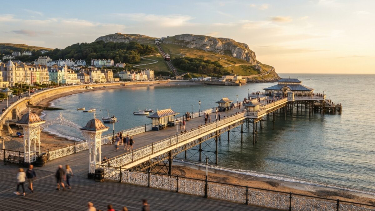 Victorian pier extending into coastal waters with historic tramway on hillside in background