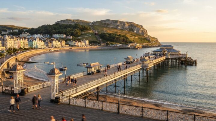 Victorian pier extending into coastal waters with historic tramway on hillside in background