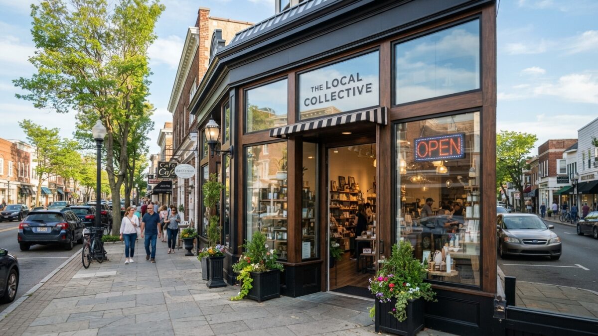 Modern retail business storefront on Long Island main street during daytime